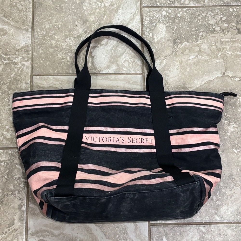 Victoria's Secret Pink Black Stripe Canvas Tote Bag Metallic Rose Gold Large